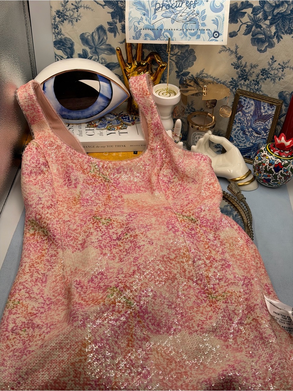 🆕 DRESS THE POPULATION 🧿 NWOT Leo Abstract Floral Sequin Dress, Fuchsia - Sz M - Picture 12 of 14